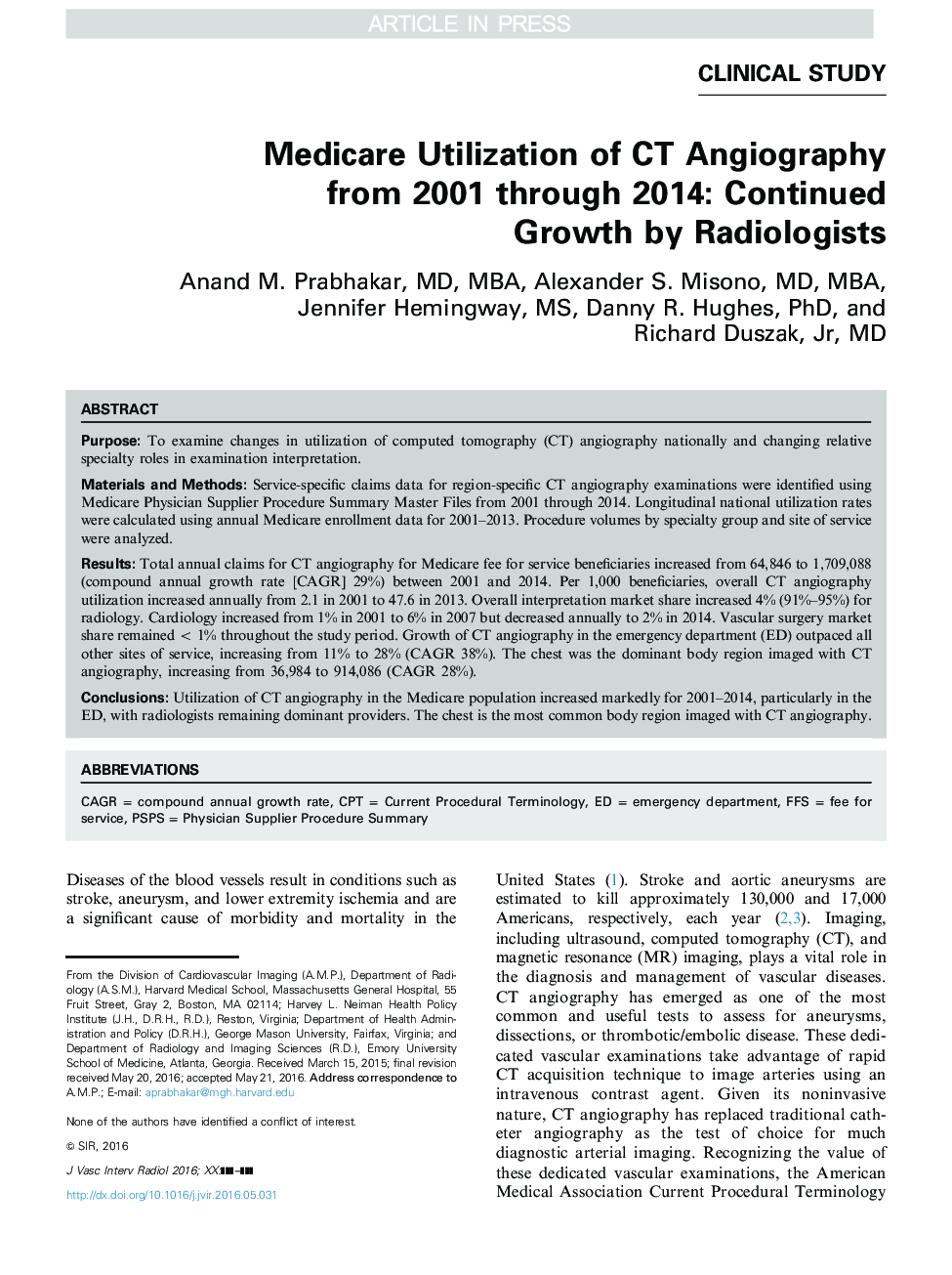 Medicare Utilization of CT Angiography from 2001 through 2014: Continued Growth by Radiologists