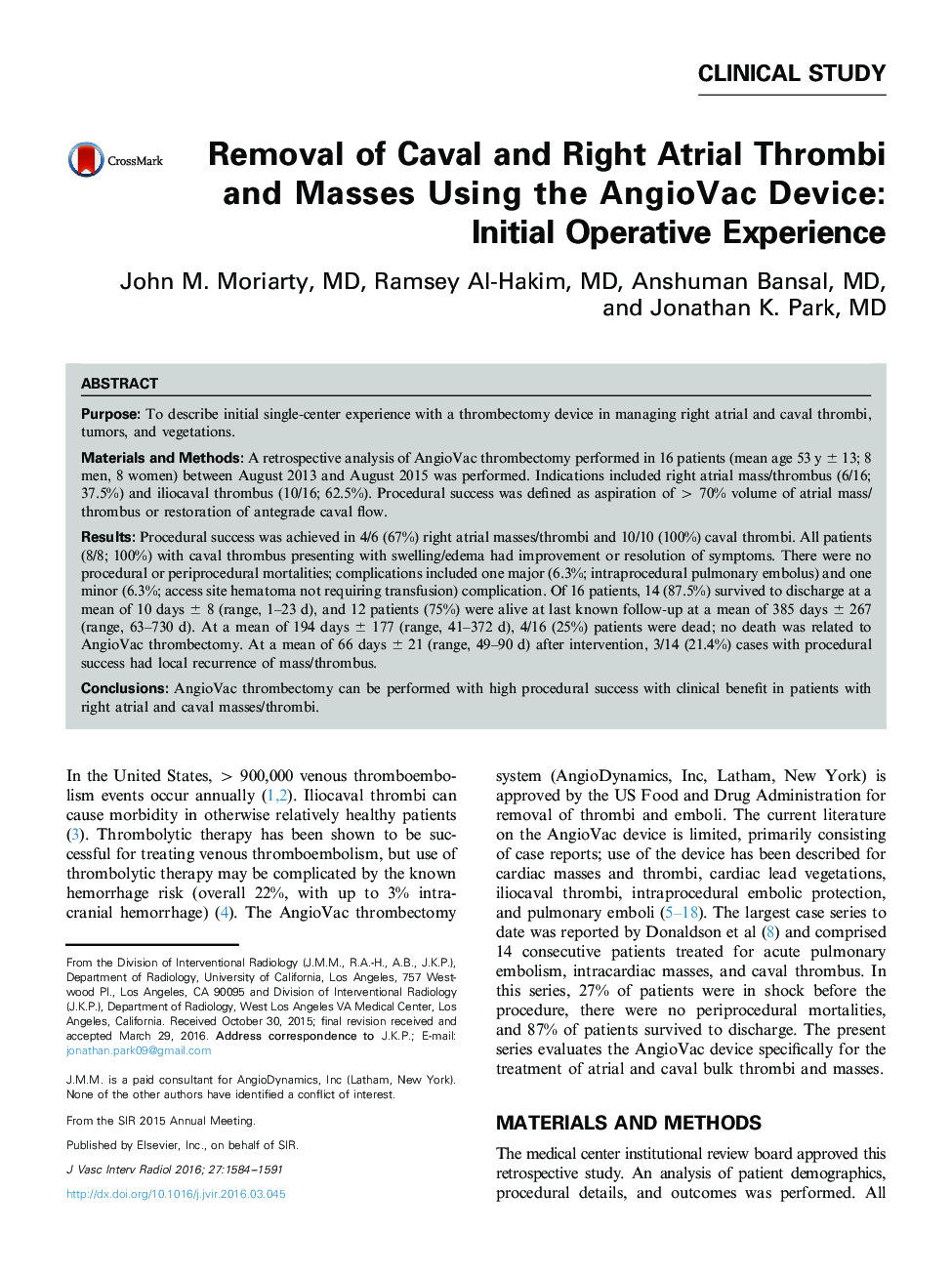 Removal of Caval and Right Atrial Thrombi and Masses Using the AngioVac Device: Initial Operative Experience