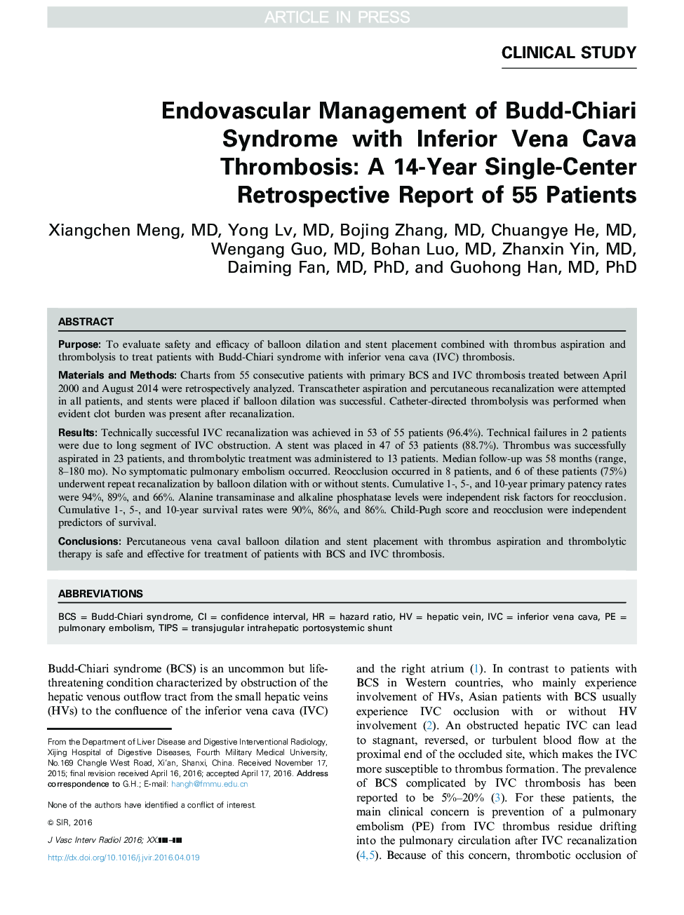 Endovascular Management of Budd-Chiari Syndrome with Inferior Vena Cava Thrombosis: A 14-Year Single-Center Retrospective Report of 55 Patients
