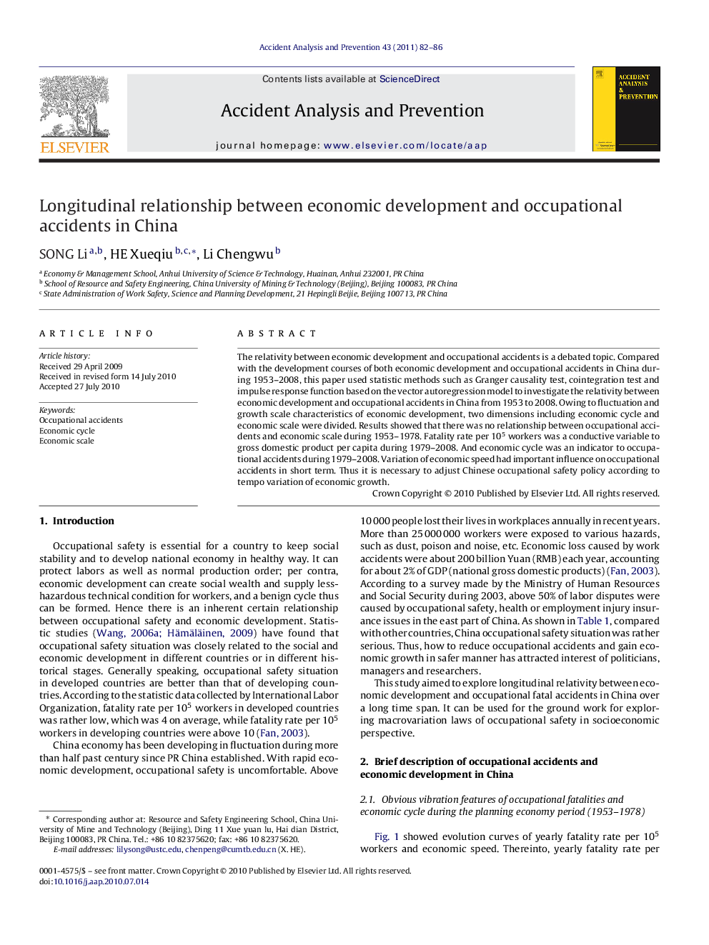 Longitudinal relationship between economic development and occupational accidents in China