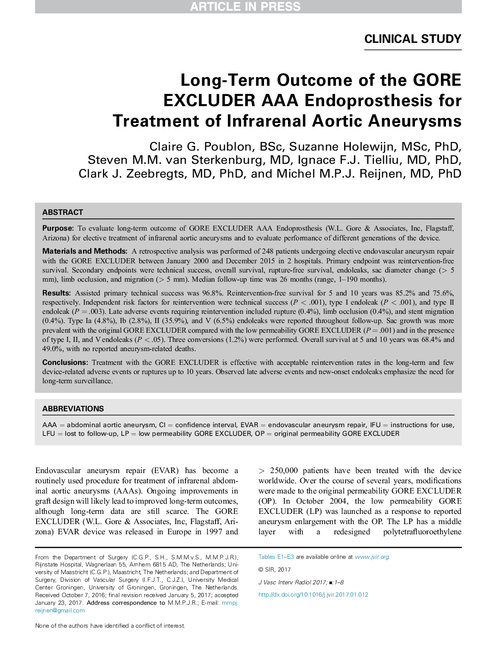 Long-Term Outcome of the GORE EXCLUDER AAA Endoprosthesis for Treatment of Infrarenal Aortic Aneurysms