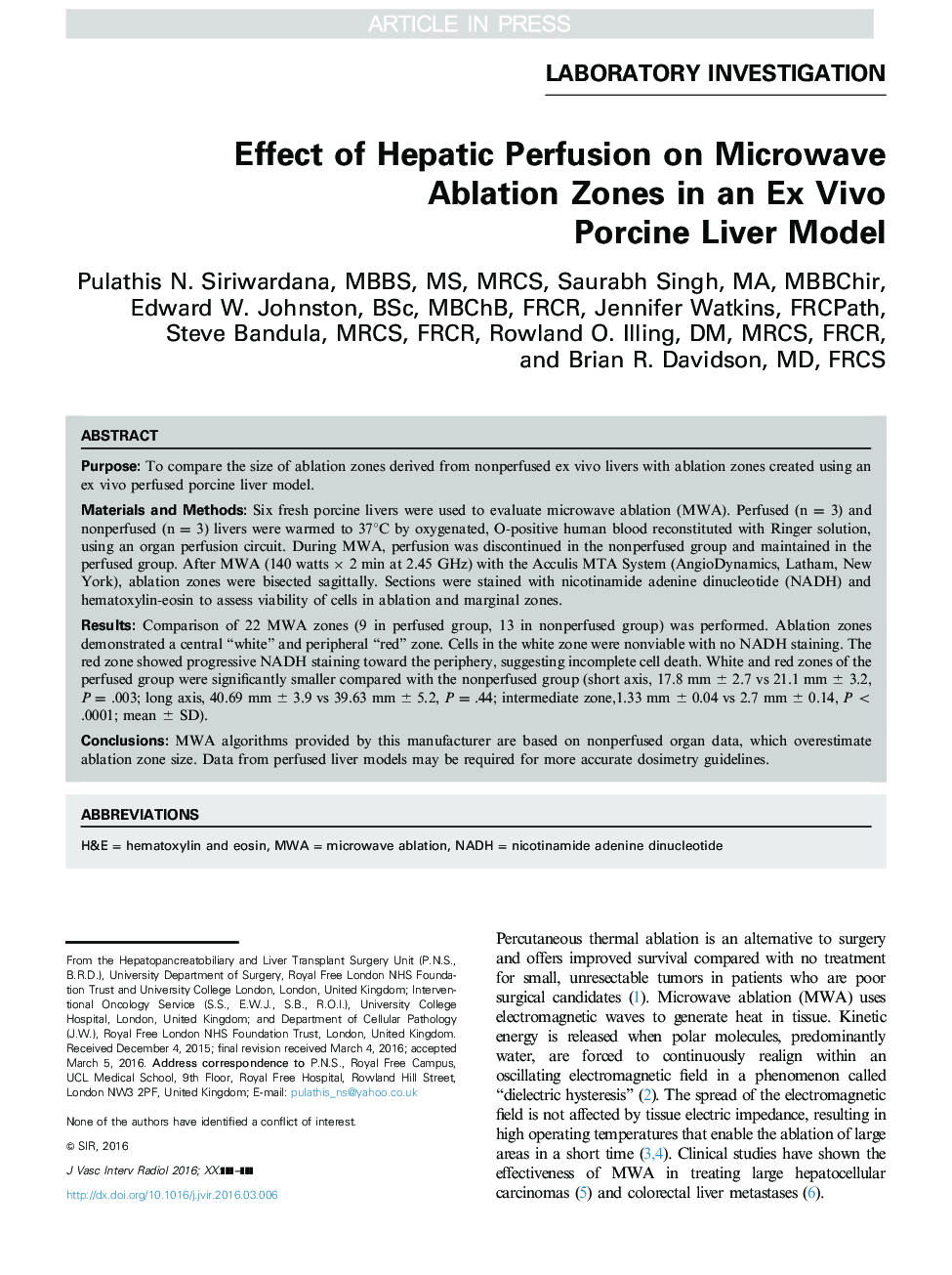 Effect of Hepatic Perfusion on Microwave Ablation Zones in an Ex Vivo Porcine Liver Model