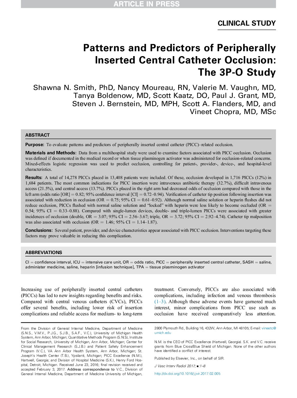 Patterns and Predictors of Peripherally Inserted Central Catheter Occlusion: The 3P-O Study