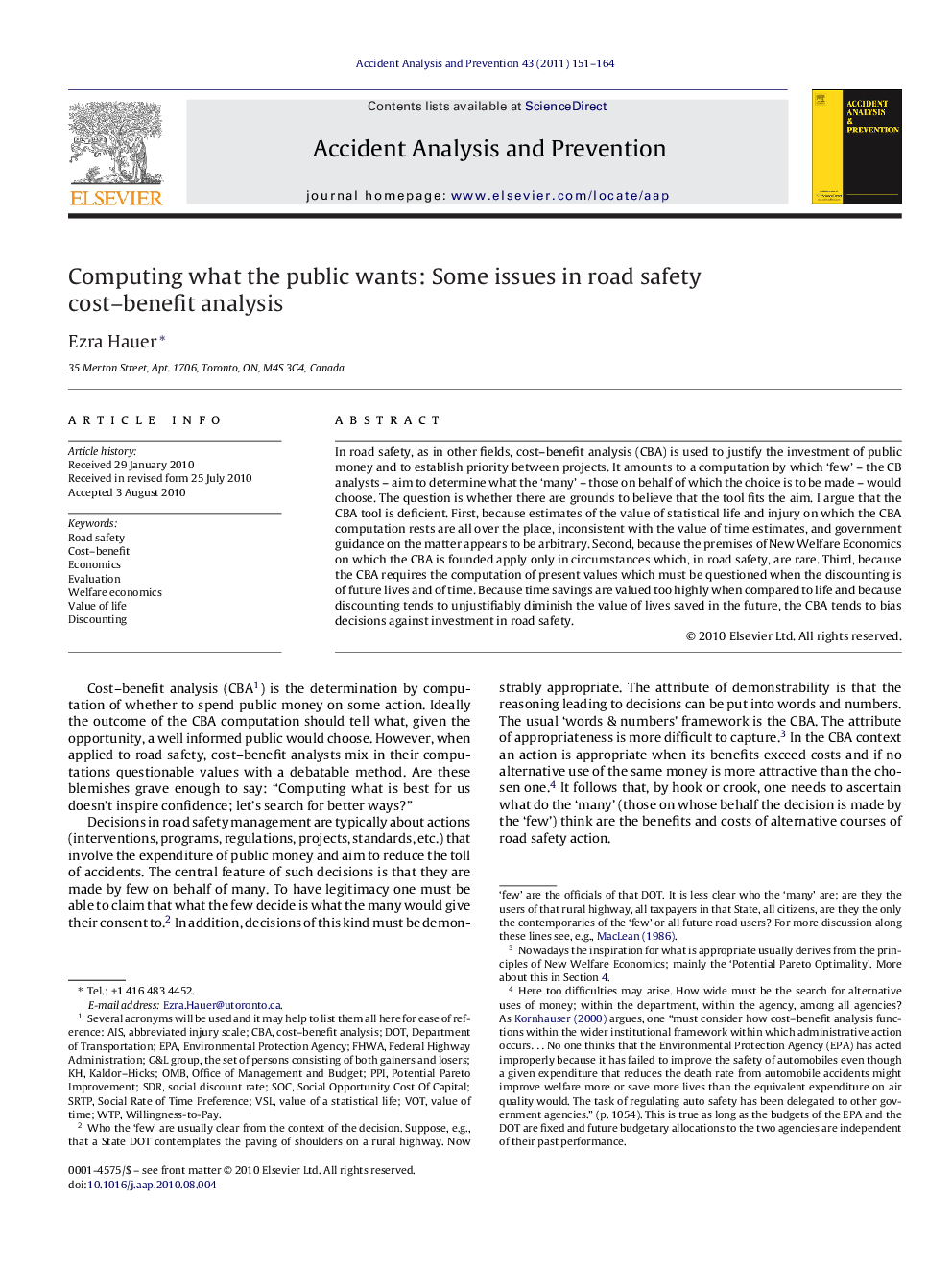 عکس صفحه اول مقاله: Computing what the public wants: Some issues in road safety cost–benefit analysis Computing what the public wants: Some issues in road safety cost–benefit analysis