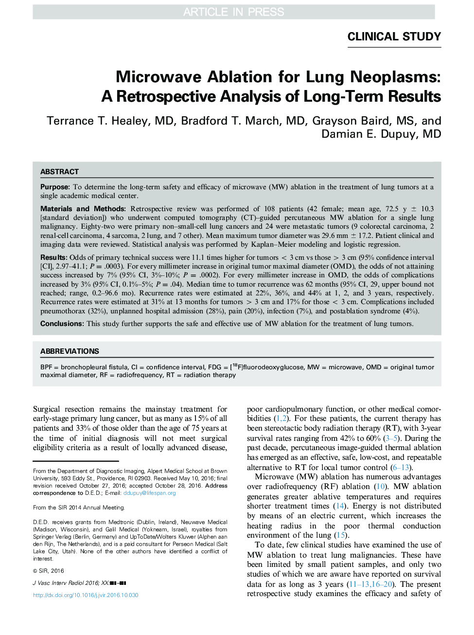 Microwave Ablation for Lung Neoplasms: A Retrospective Analysis of Long-Term Results