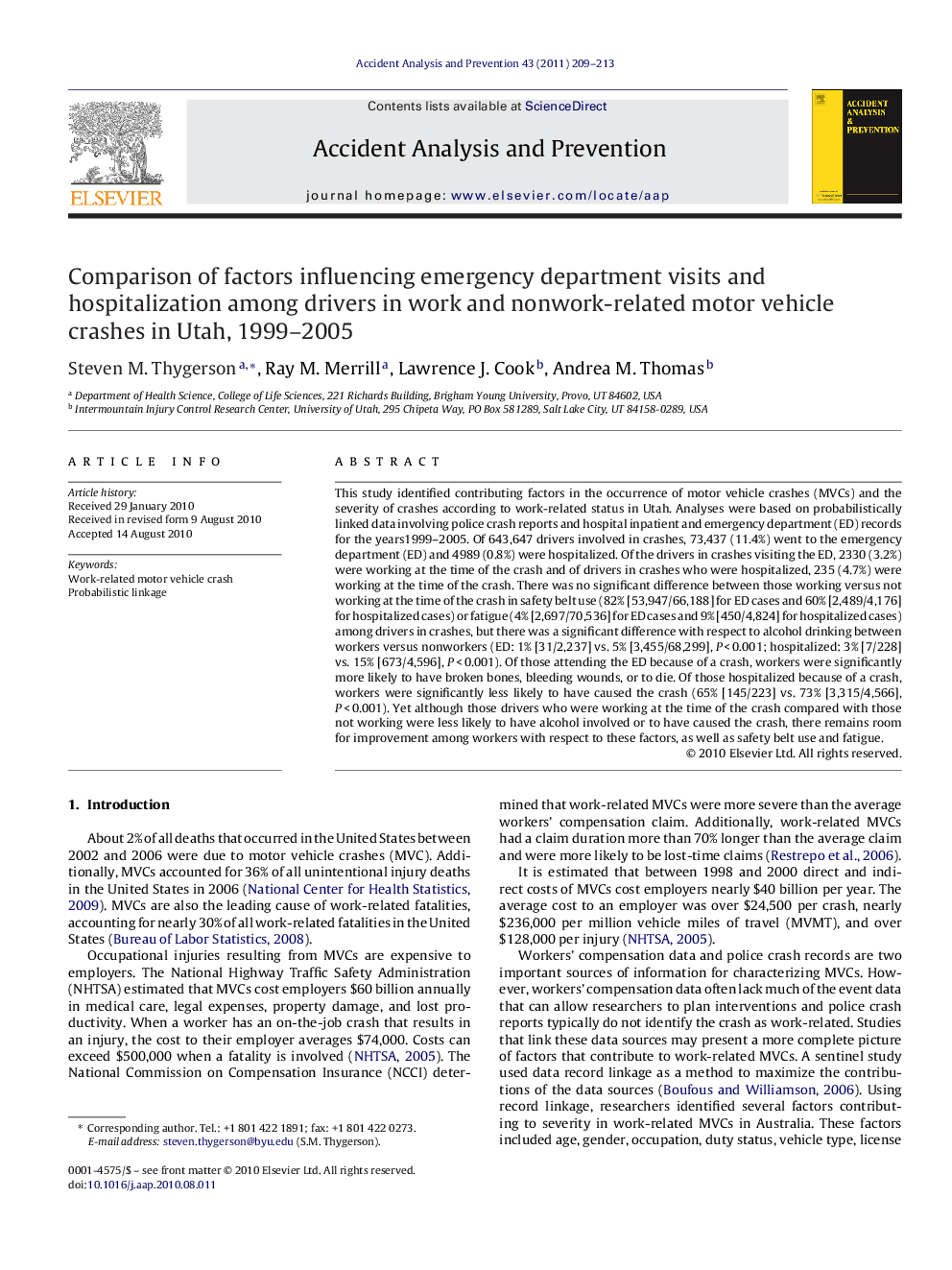 Comparison of factors influencing emergency department visits and hospitalization among drivers in work and nonwork-related motor vehicle crashes in Utah, 1999–2005