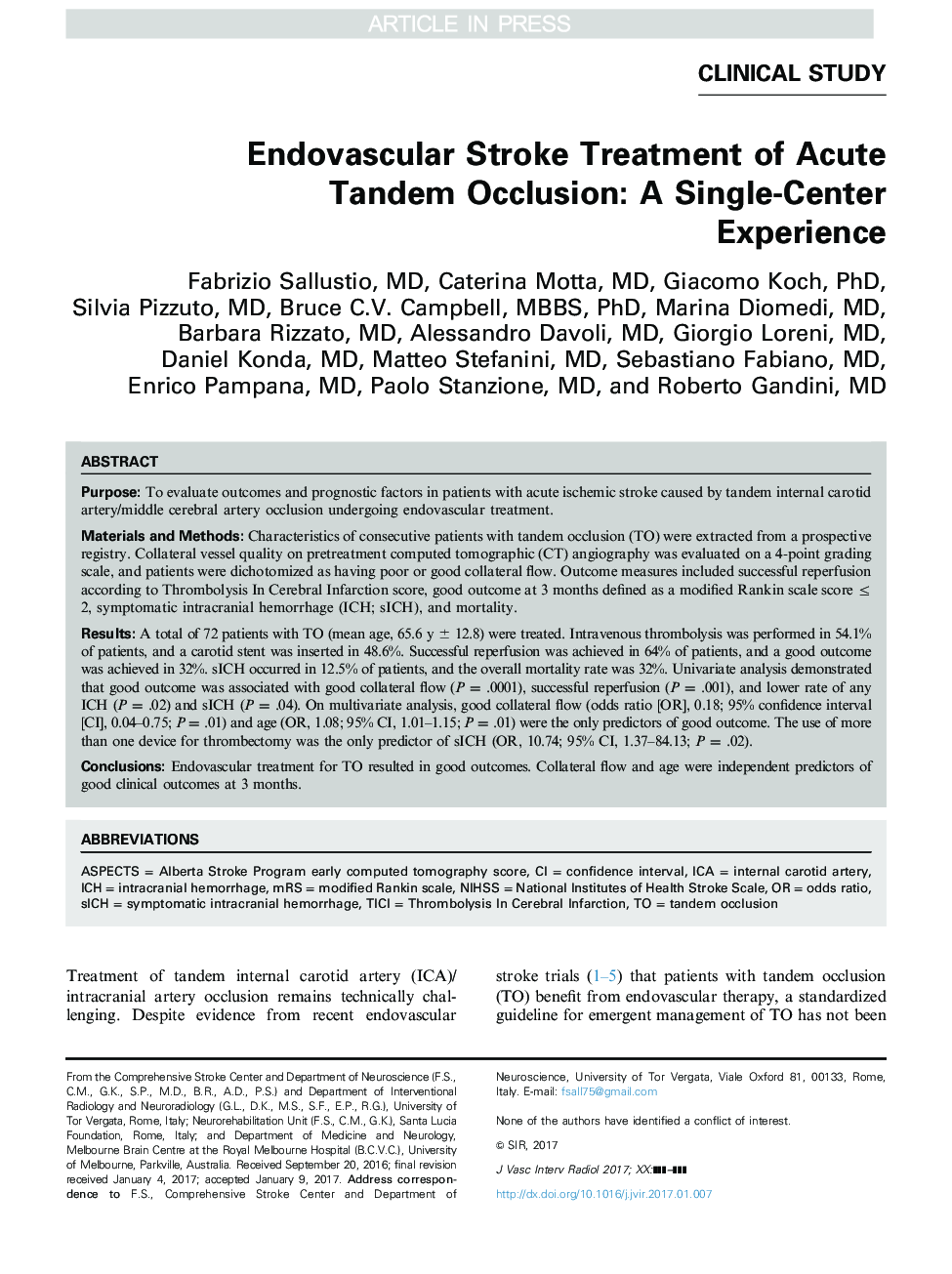 Endovascular Stroke Treatment of Acute Tandem Occlusion: A Single-Center Experience