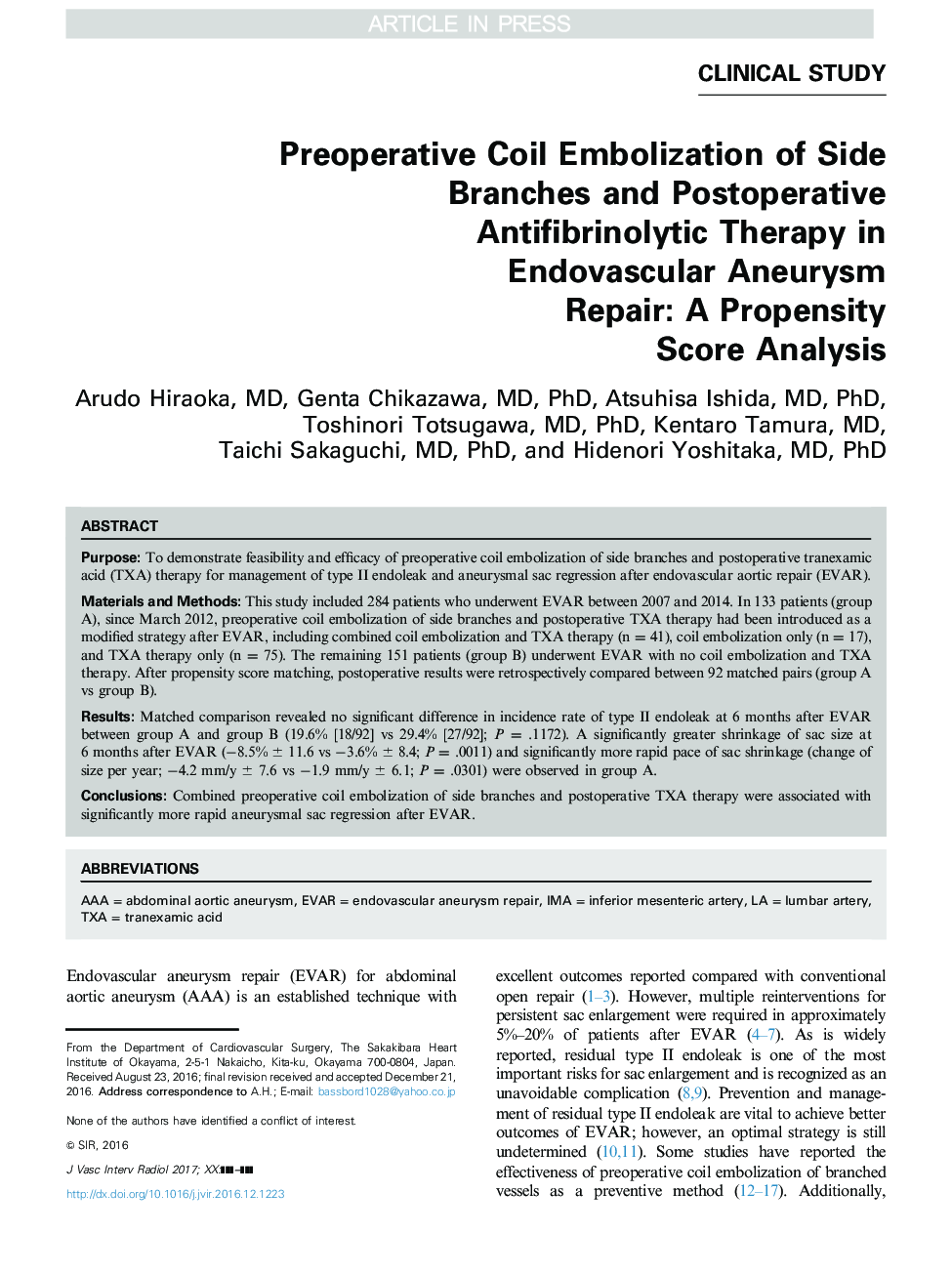 Preoperative Coil Embolization of Side Branches and Postoperative Antifibrinolytic Therapy in Endovascular Aneurysm Repair: A Propensity Score Analysis