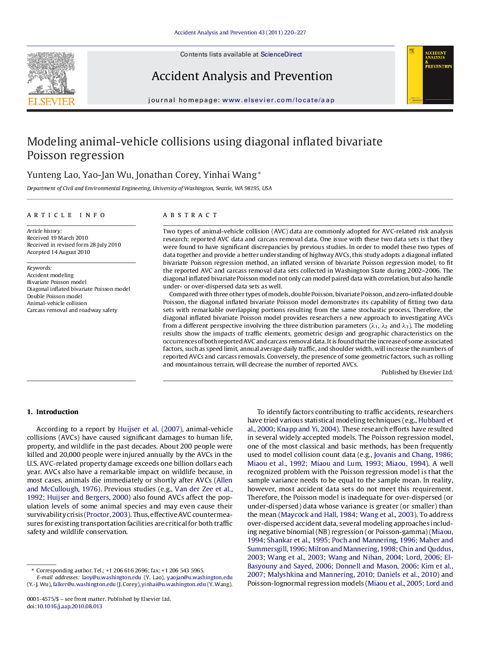 Modeling animal-vehicle collisions using diagonal inflated bivariate Poisson regression