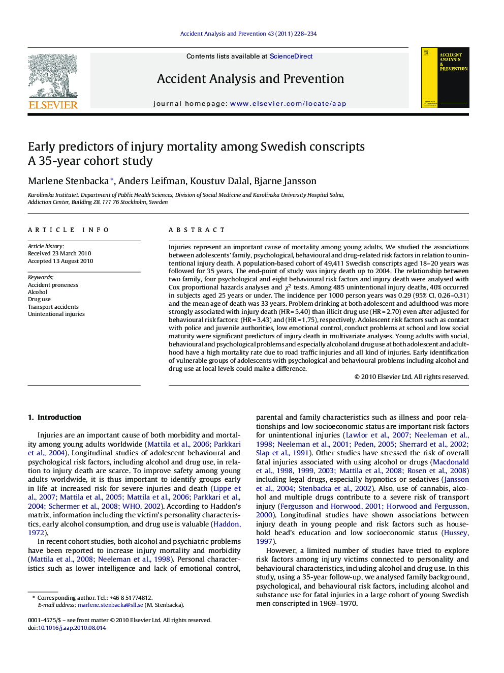 Early predictors of injury mortality among Swedish conscripts: A 35-year cohort study