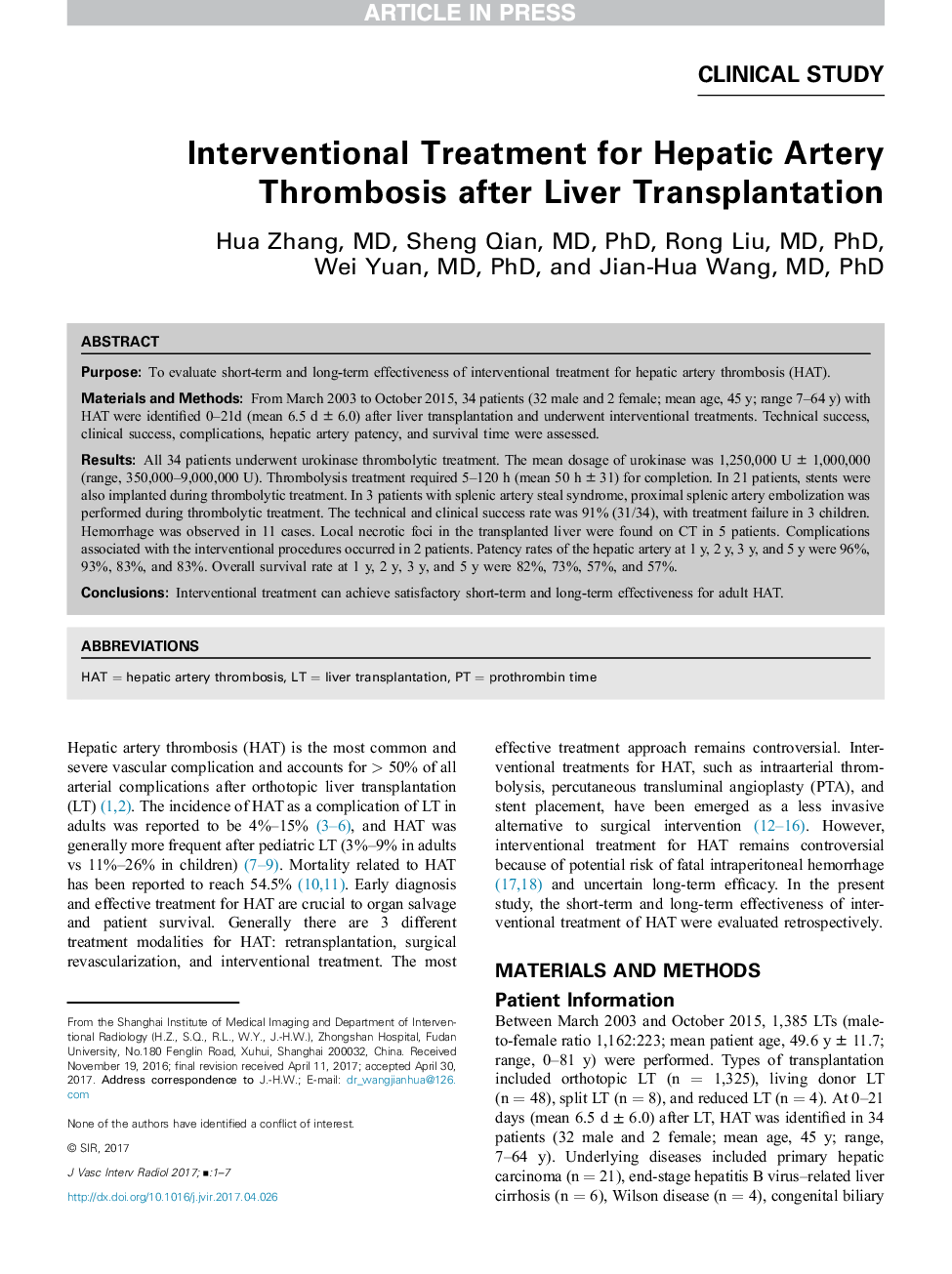 Interventional Treatment for Hepatic Artery Thrombosis after Liver Transplantation