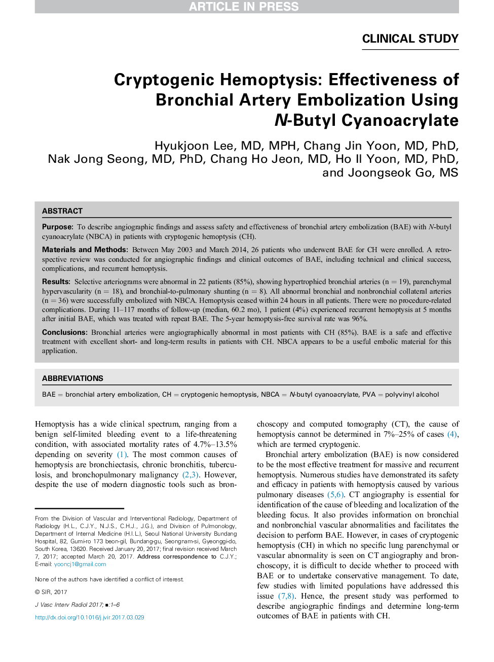 Cryptogenic Hemoptysis: Effectiveness of Bronchial Artery Embolization Using N-Butyl Cyanoacrylate