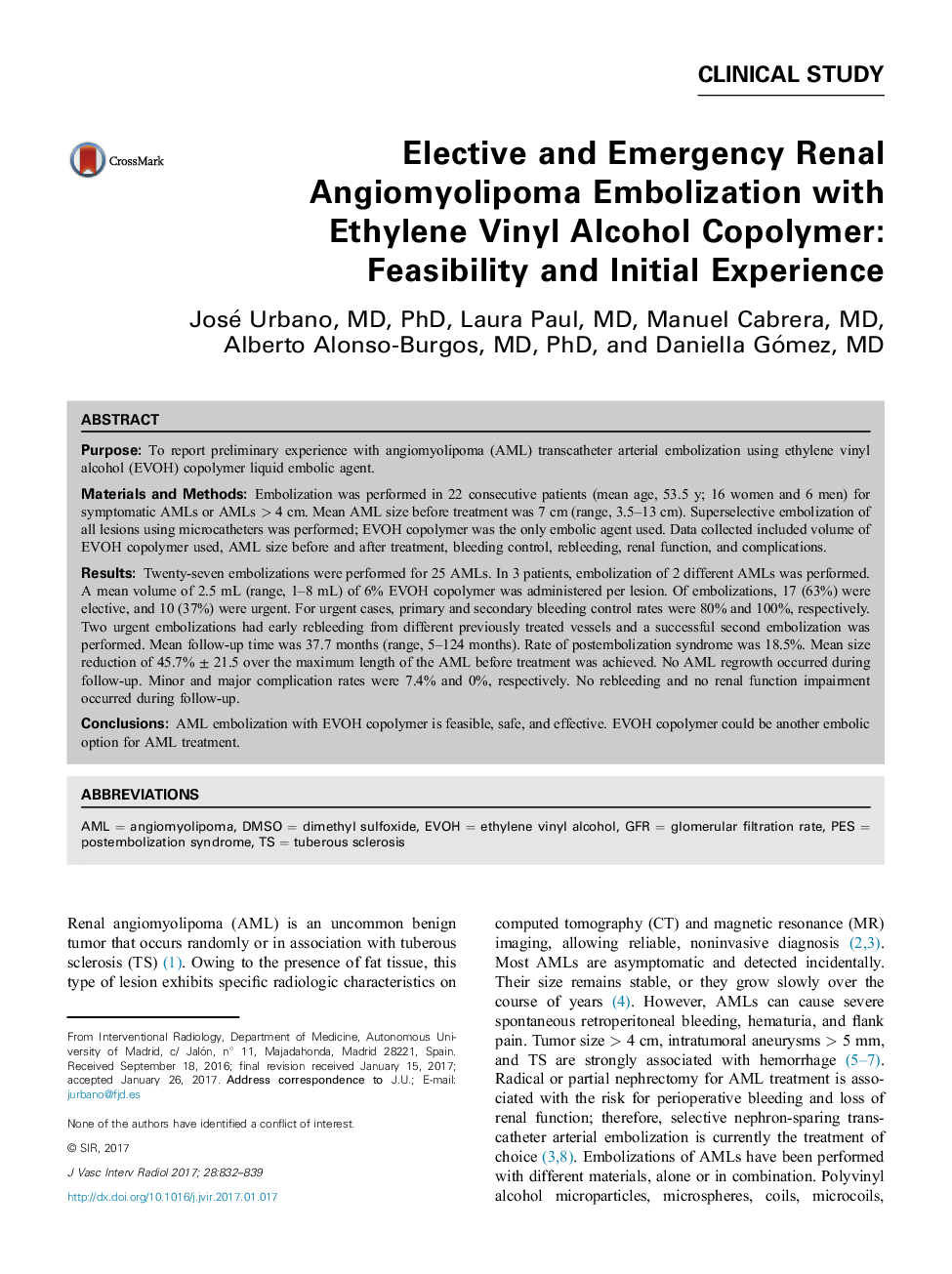 Clinical StudyElective and Emergency Renal Angiomyolipoma Embolization with Ethylene Vinyl Alcohol Copolymer: Feasibility and Initial Experience