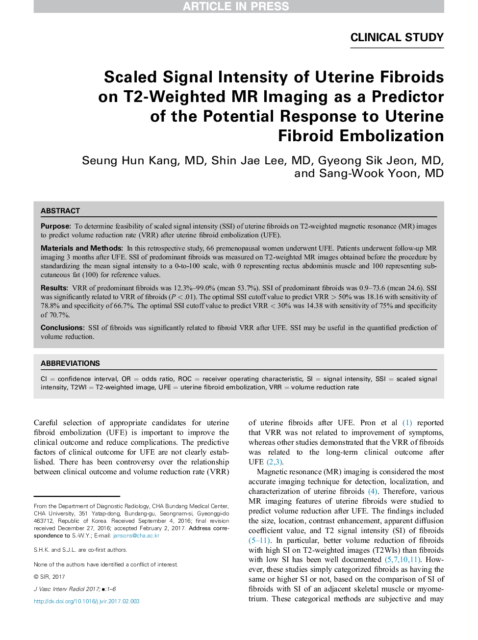 Scaled Signal Intensity of Uterine Fibroids on T2-Weighted MR Imaging as a Predictor of the Potential Response to Uterine Fibroid Embolization