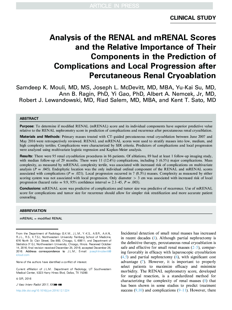 Analysis of the RENAL and mRENAL Scores and the Relative Importance of Their Components in the Prediction of Complications and Local Progression after Percutaneous Renal Cryoablation
