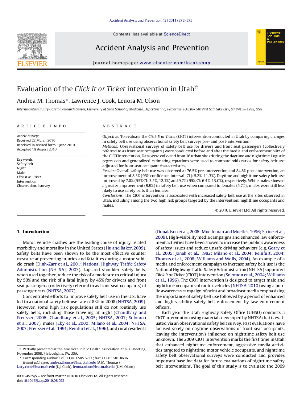 Evaluation of the Click It or Ticket intervention in Utah 