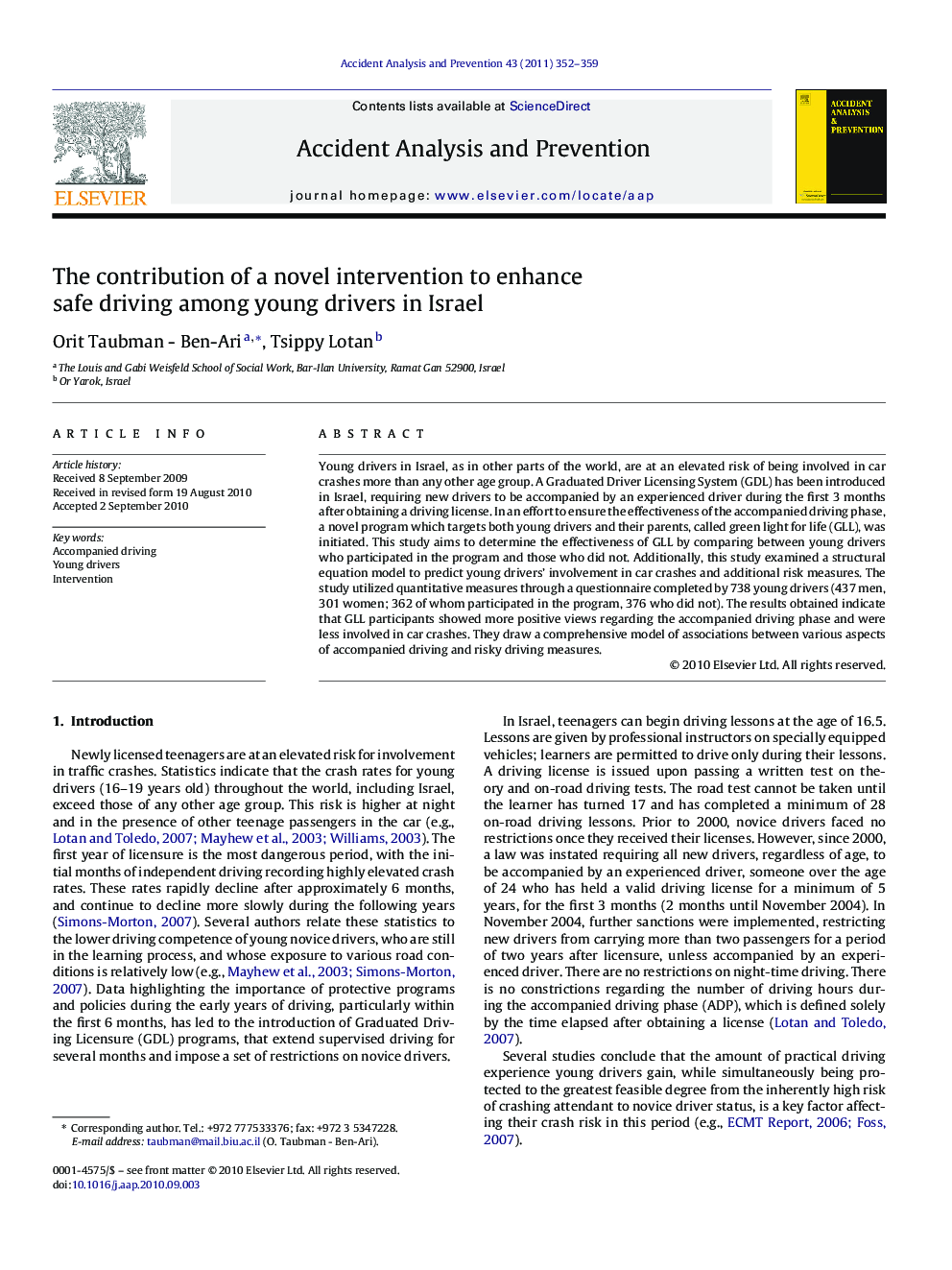 عکس صفحه اول مقاله: The contribution of a novel intervention to enhance safe driving among young drivers in Israel The contribution of a novel intervention to enhance safe driving among young drivers in Israel