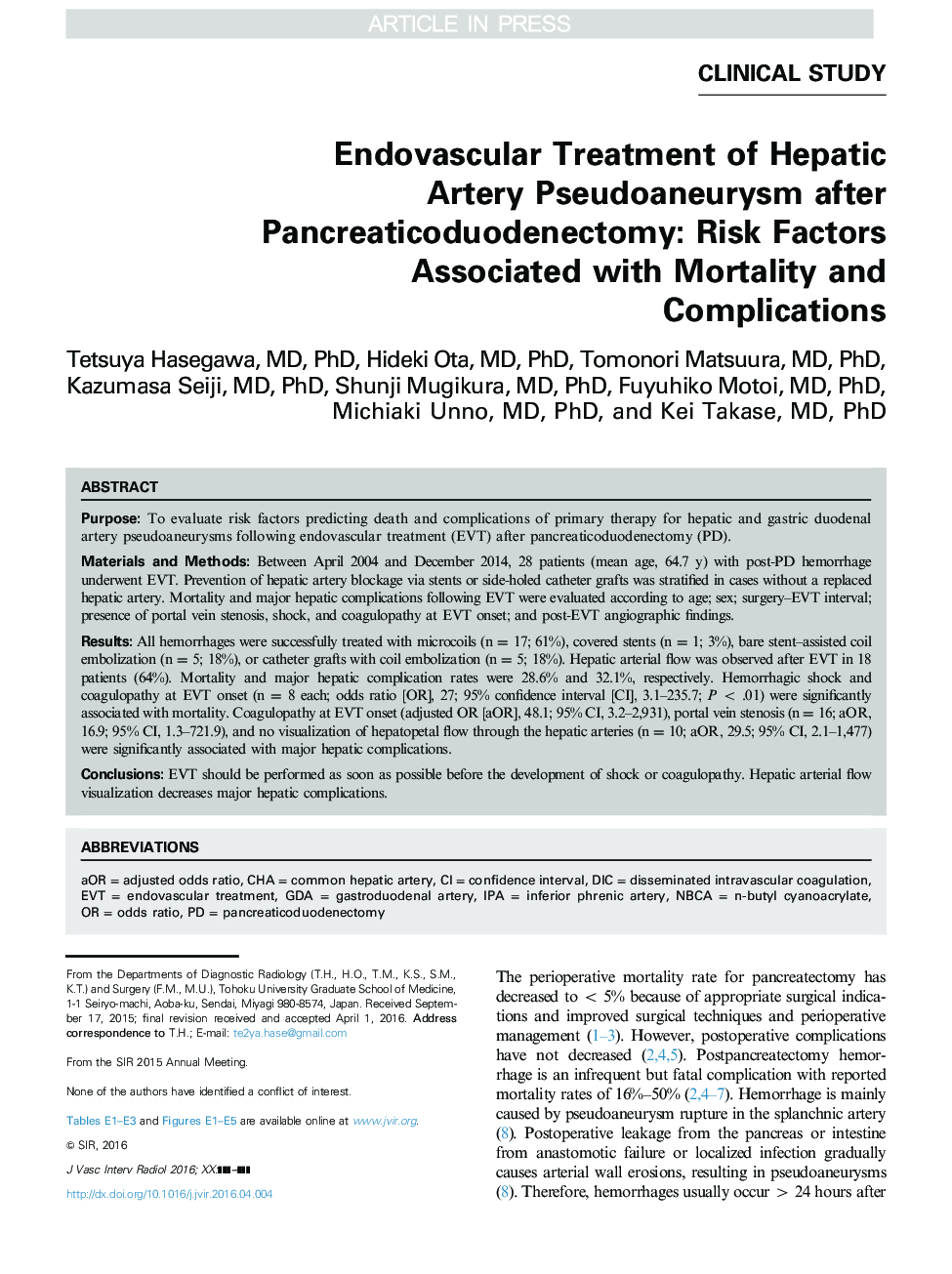 Endovascular Treatment of Hepatic Artery Pseudoaneurysm after Pancreaticoduodenectomy: Risk Factors Associated with Mortality and Complications