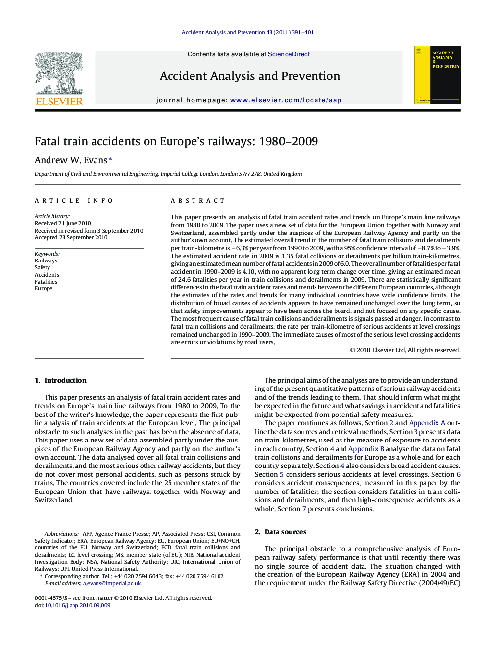عکس صفحه اول مقاله: Fatal train accidents on Europe's railways: 1980–2009 Fatal train accidents on Europe's railways: 1980–2009