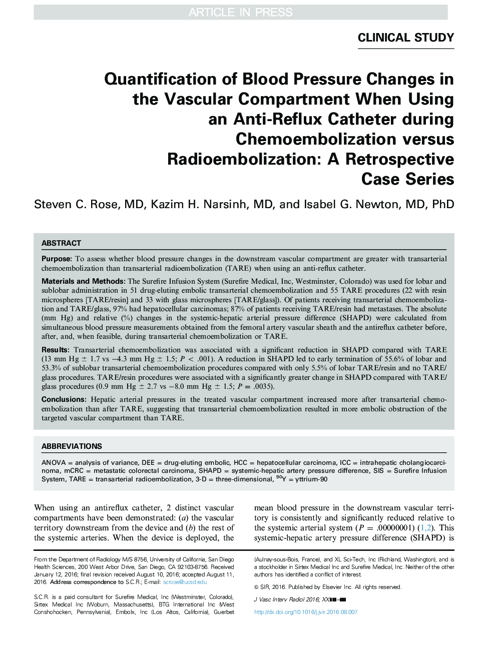 Quantification of Blood Pressure Changes in the Vascular Compartment When Using an Anti-Reflux Catheter during Chemoembolization versus Radioembolization: A Retrospective Case Series