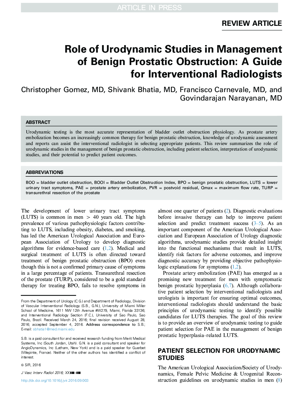 Role of Urodynamic Studies in Management of Benign Prostatic Obstruction: A Guide for Interventional Radiologists