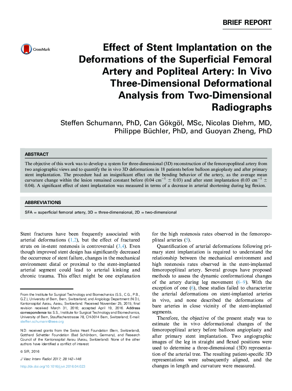 Effect of Stent Implantation on the Deformations of the Superficial Femoral Artery and Popliteal Artery: In Vivo Three-Dimensional Deformational Analysis from Two-Dimensional Radiographs