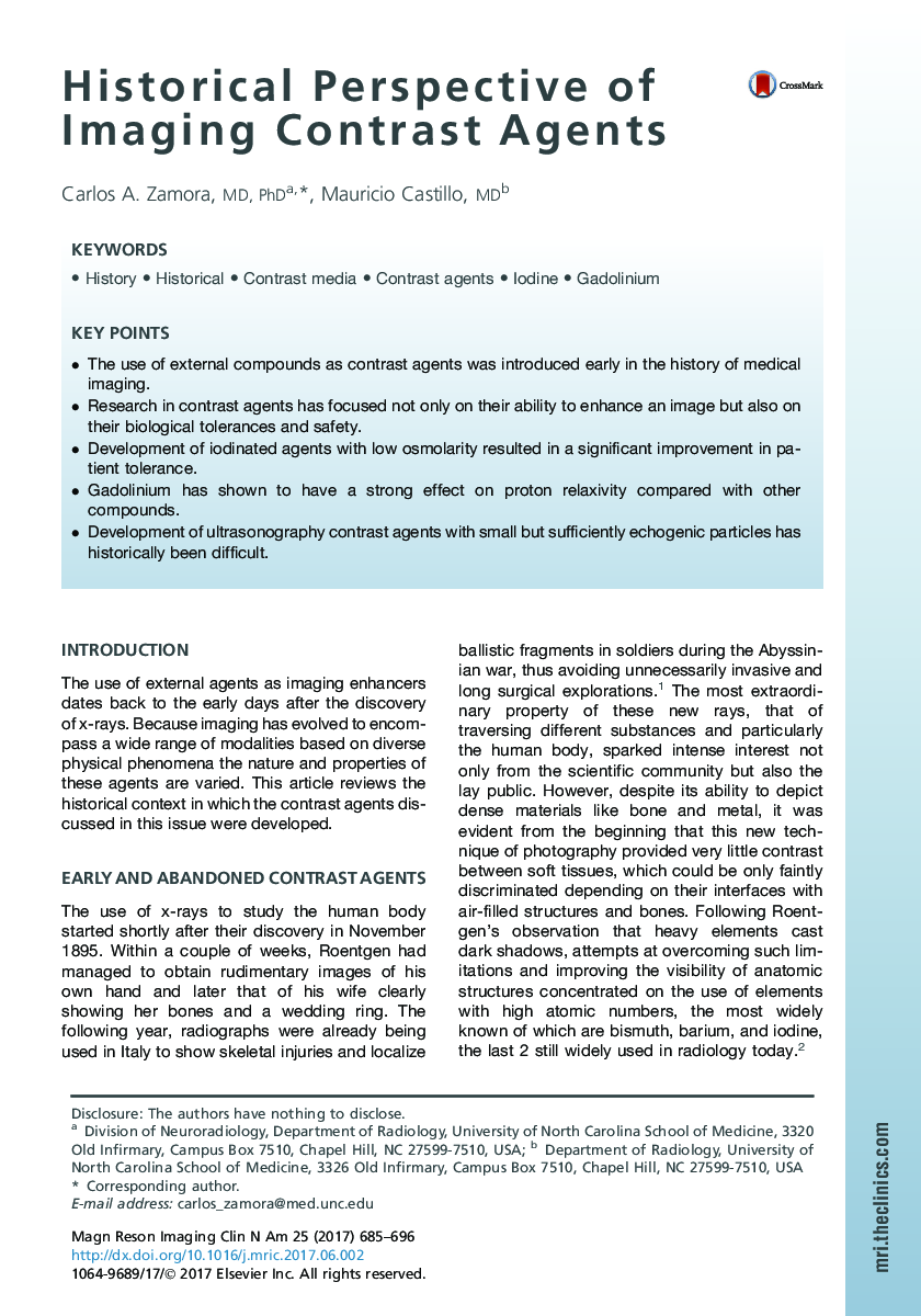 Historical Perspective of Imaging Contrast Agents