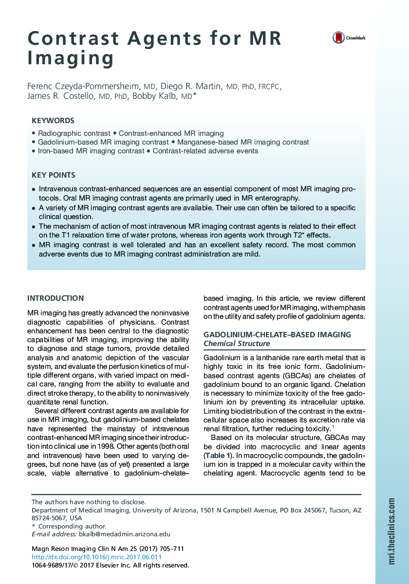 Contrast Agents for MR Imaging