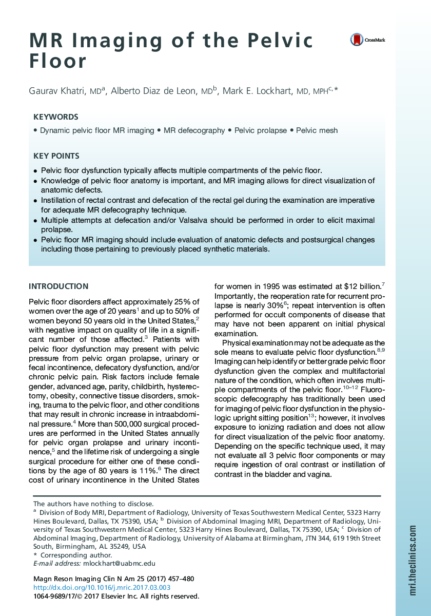 MR Imaging of the Pelvic Floor