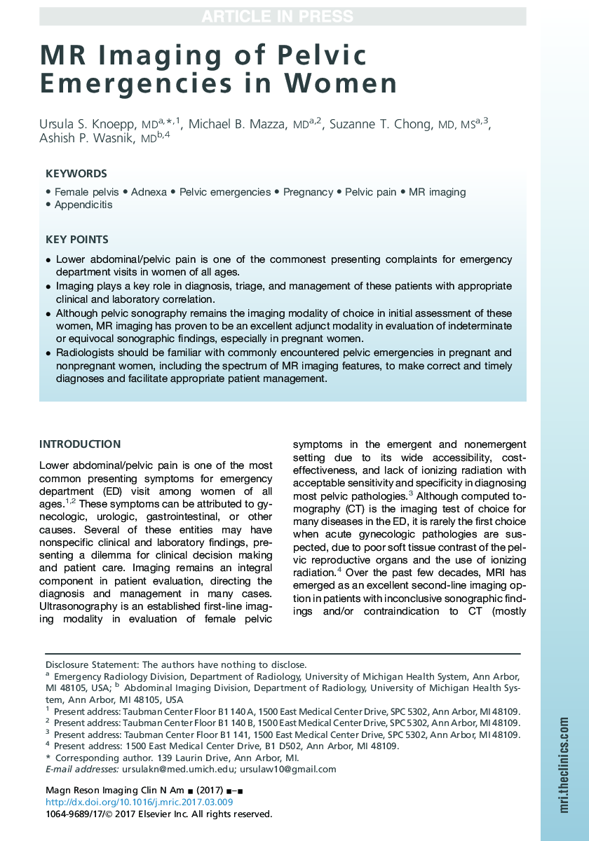 MR Imaging of Pelvic Emergencies in Women