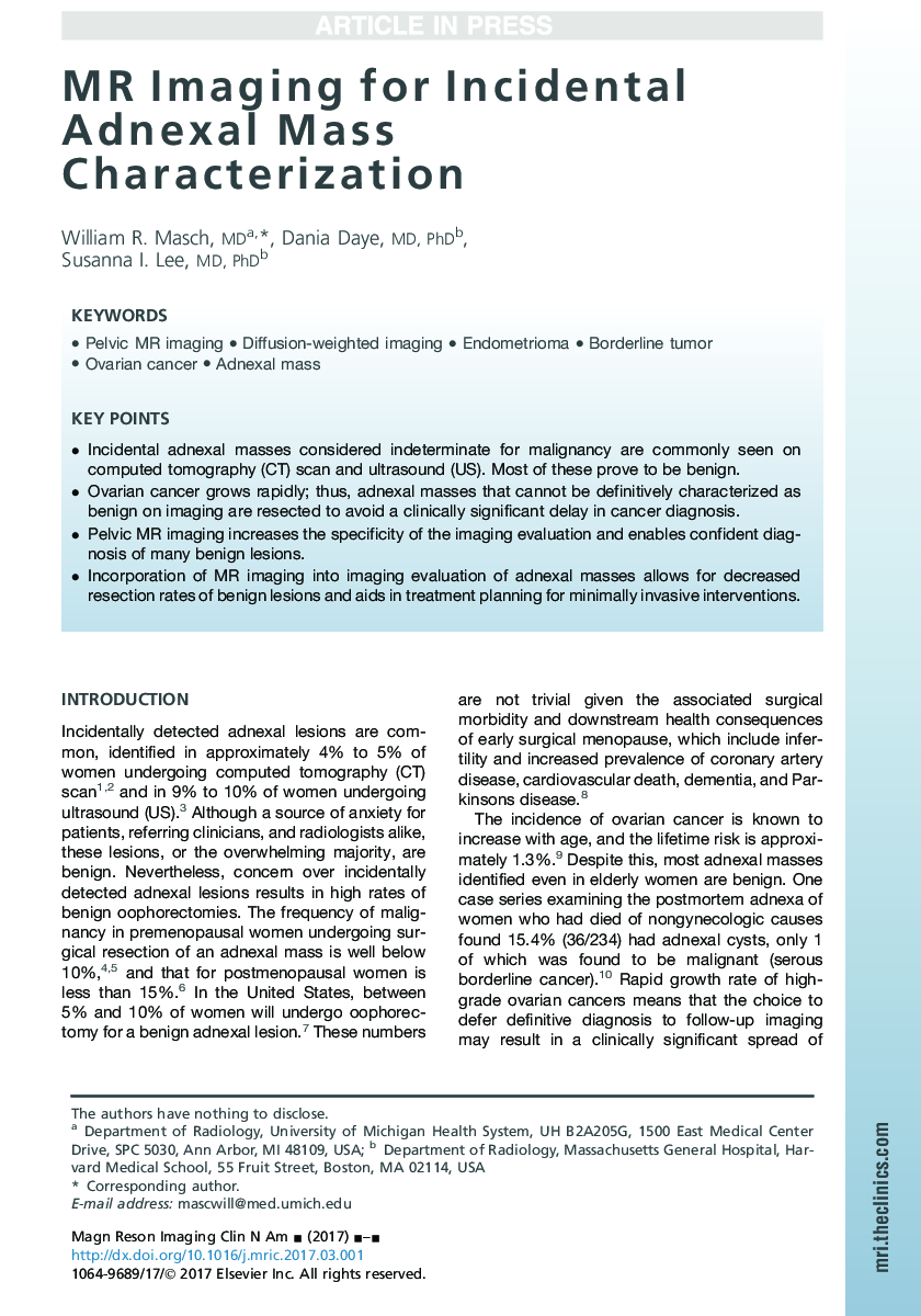 MR Imaging for Incidental Adnexal Mass Characterization