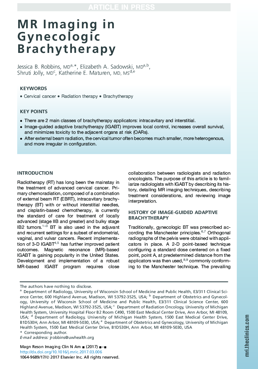 MR Imaging in Gynecologic Brachytherapy