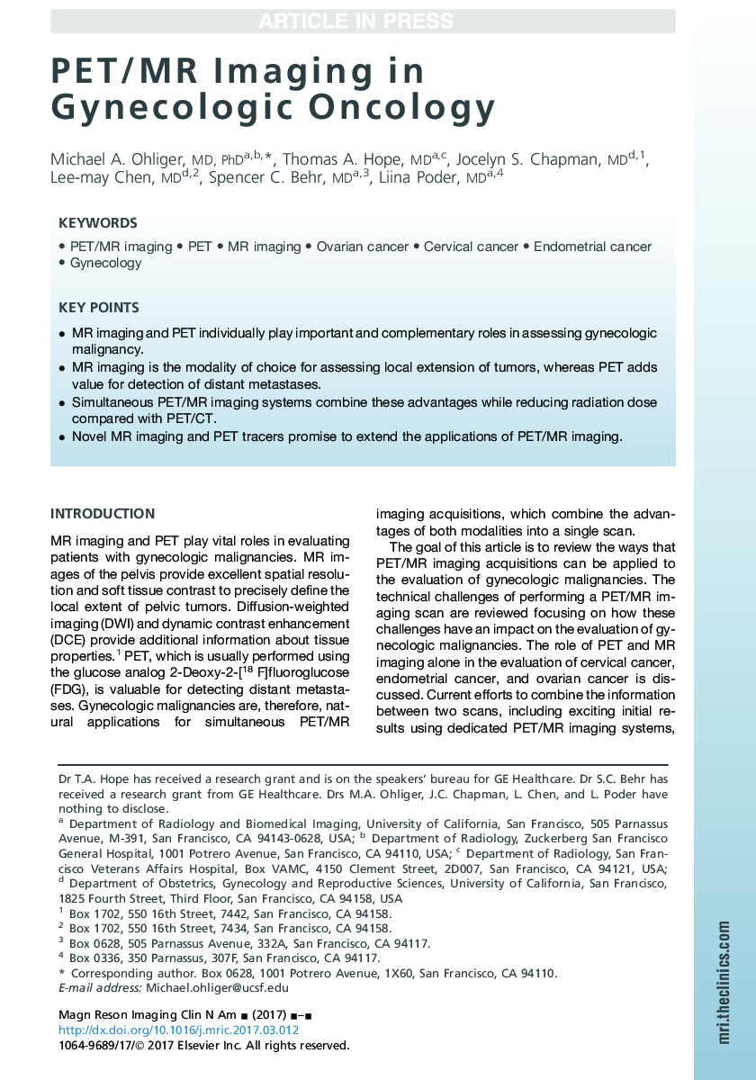 PET/MR Imaging in Gynecologic Oncology