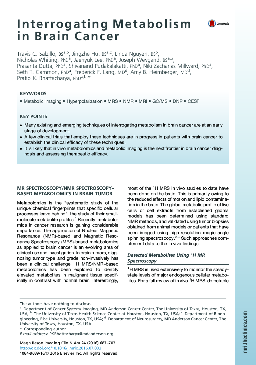 Interrogating Metabolism in Brain Cancer