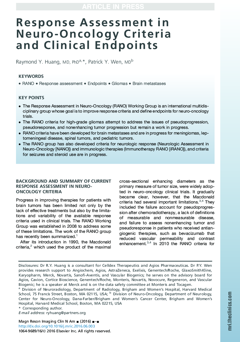 Response Assessment in Neuro-Oncology Criteria and Clinical Endpoints