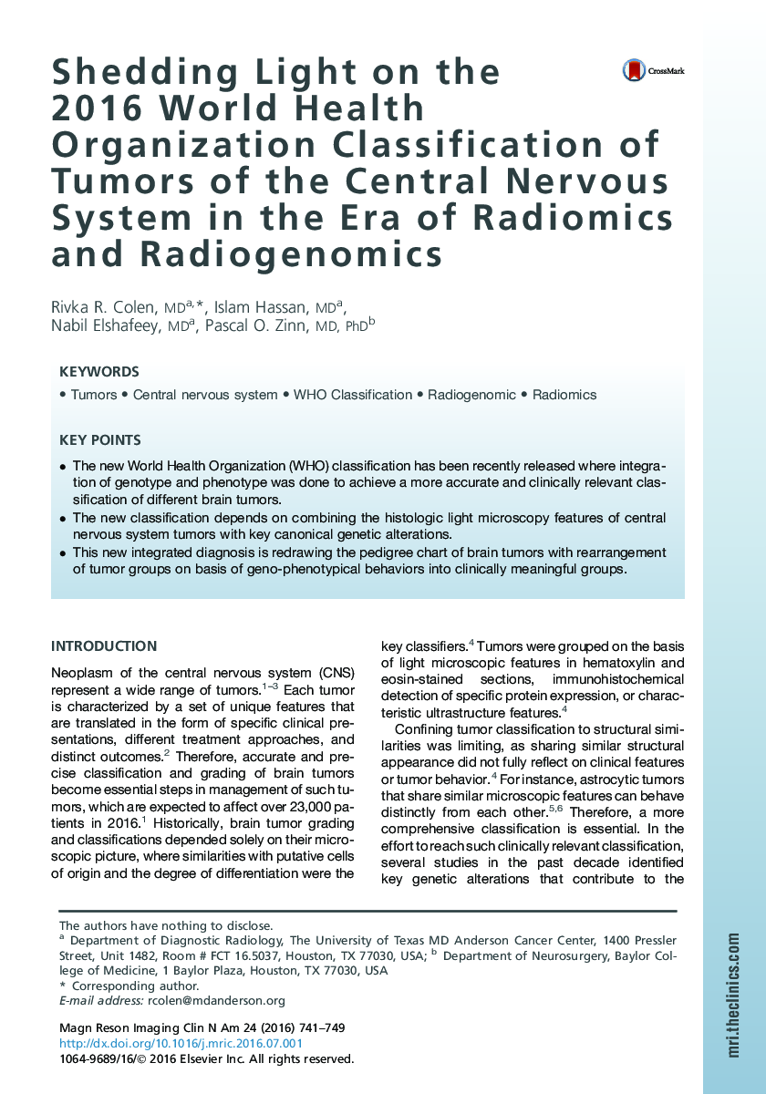 Shedding Light on the 2016 World Health Organization Classification of Tumors of the Central Nervous System in the Era of Radiomics and Radiogenomics