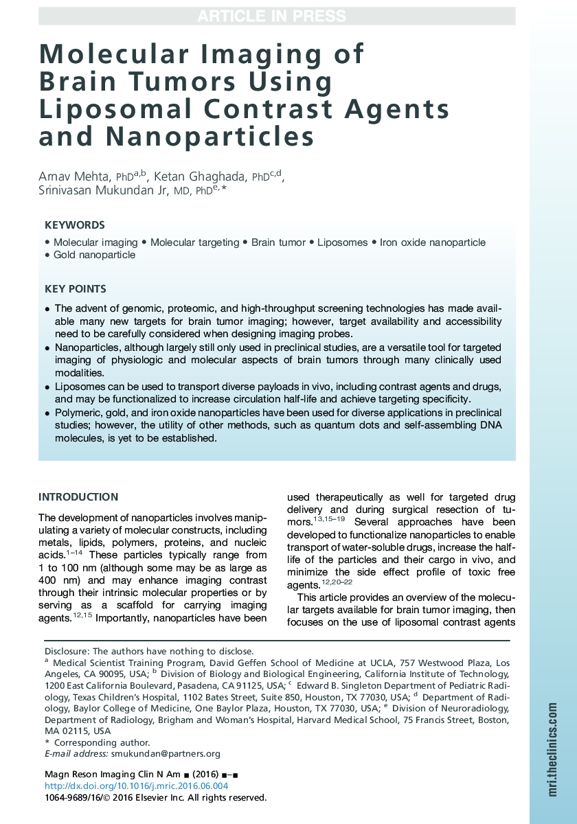 Molecular Imaging of Brain Tumors Using Liposomal Contrast Agents andÂ Nanoparticles