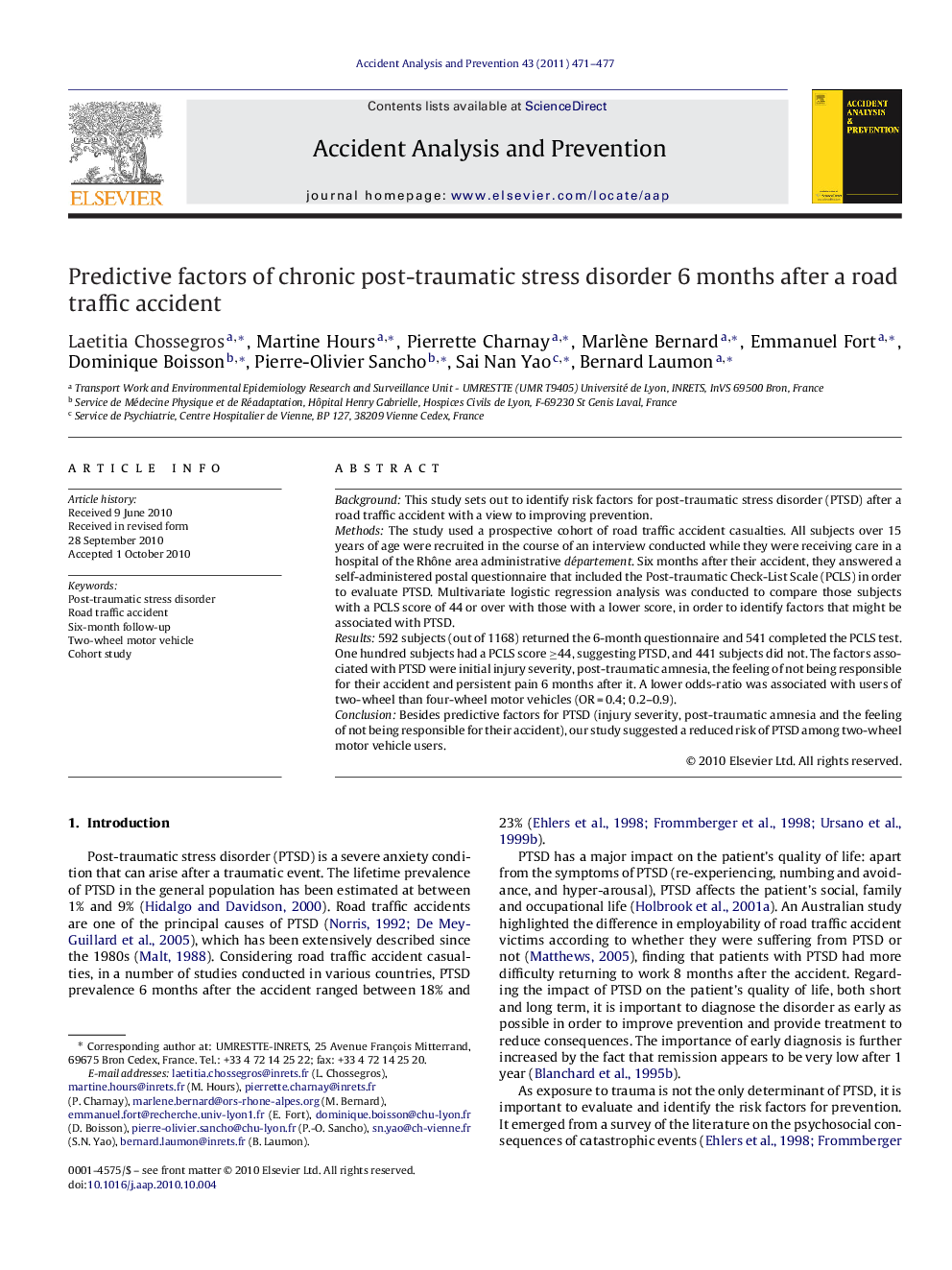 Predictive factors of chronic post-traumatic stress disorder 6 months after a road traffic accident