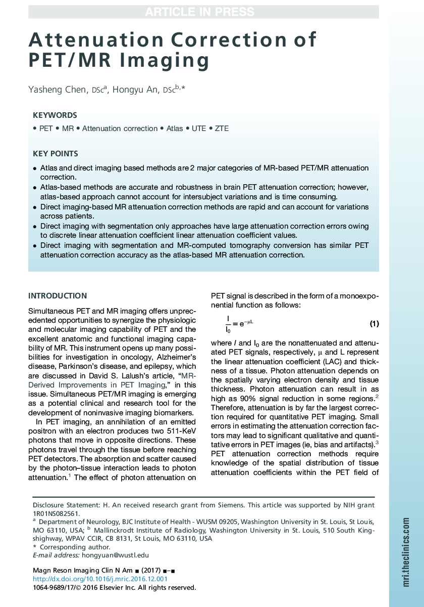 Attenuation Correction of PET/MR Imaging