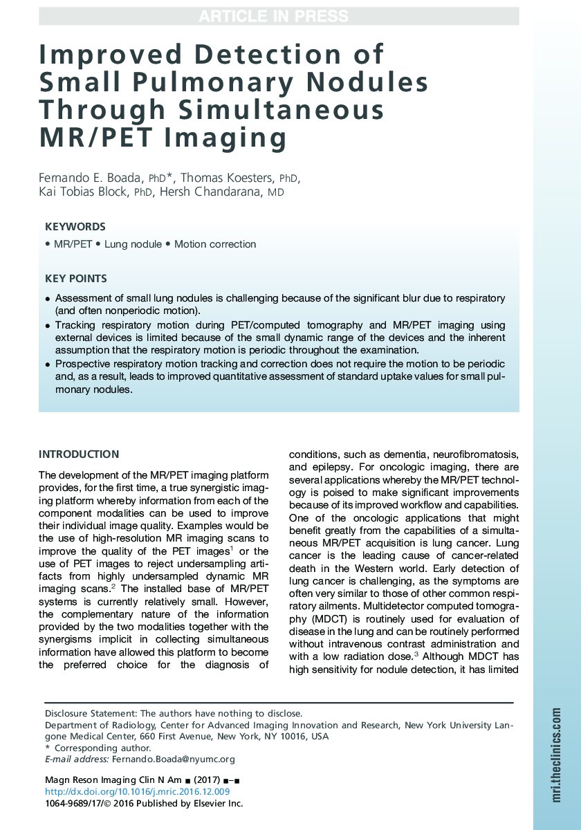Improved Detection of Small Pulmonary Nodules Through Simultaneous MR/PET Imaging