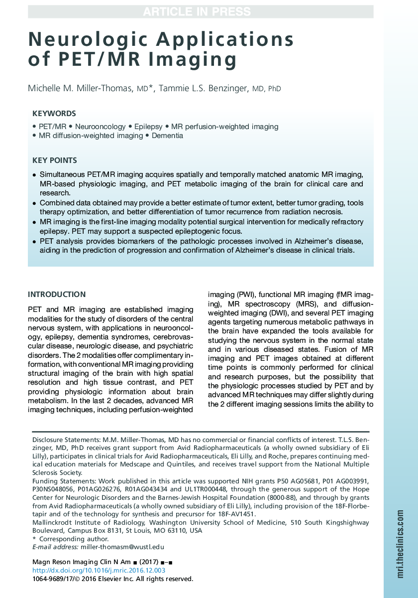 Neurologic Applications of PET/MR Imaging