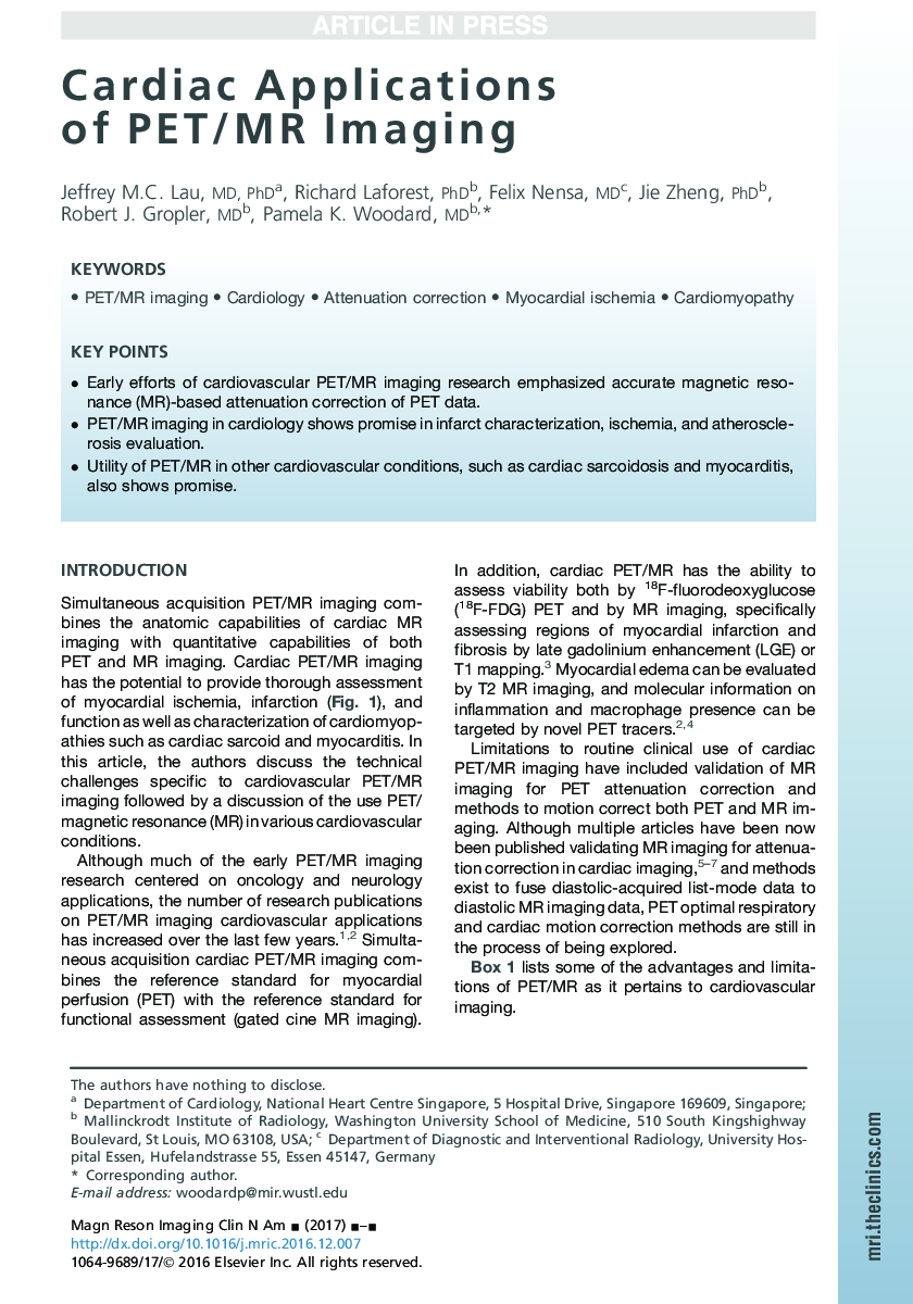 Cardiac Applications of PET/MR Imaging