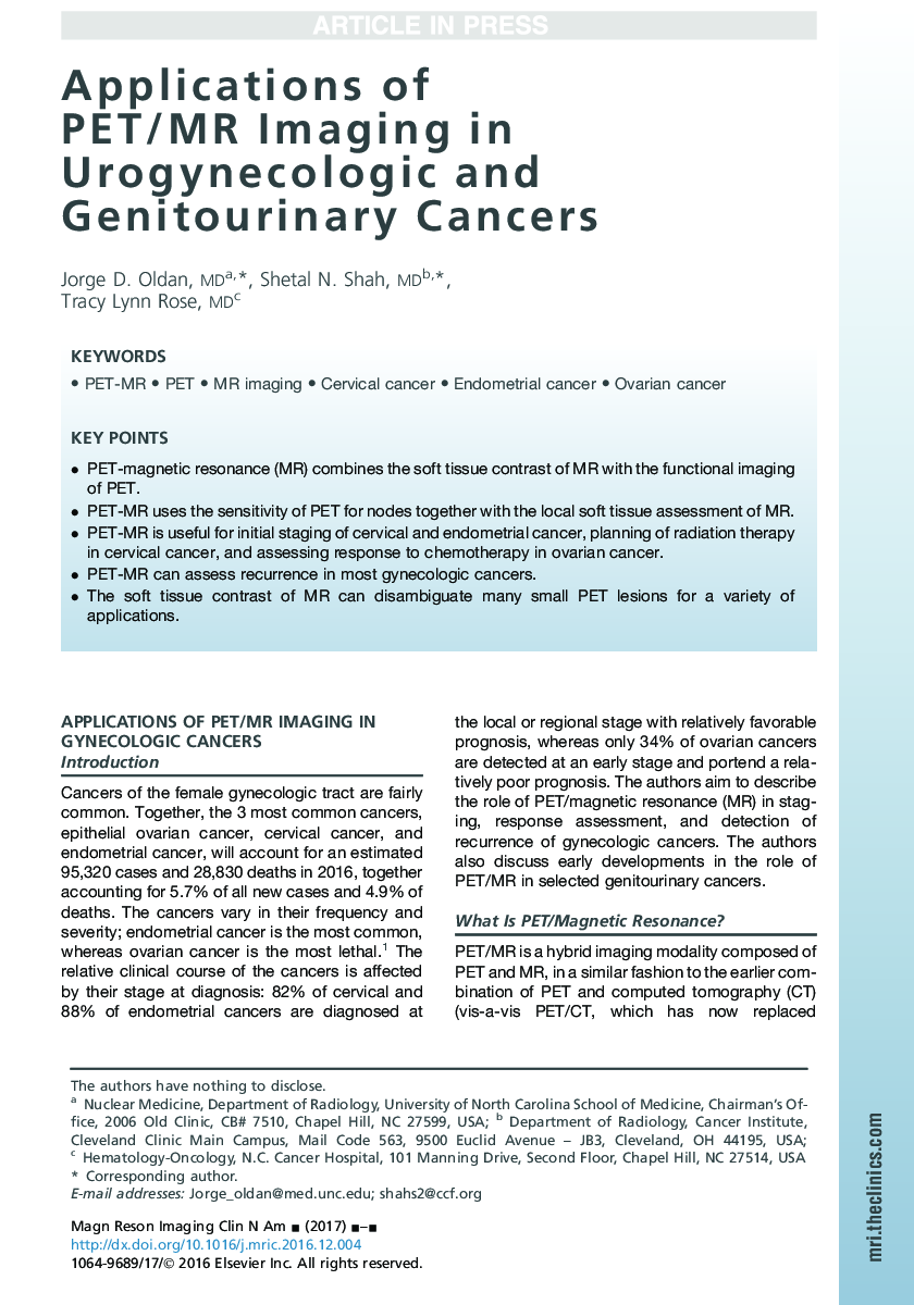 Applications of PET/MR Imaging in Urogynecologic and Genitourinary Cancers