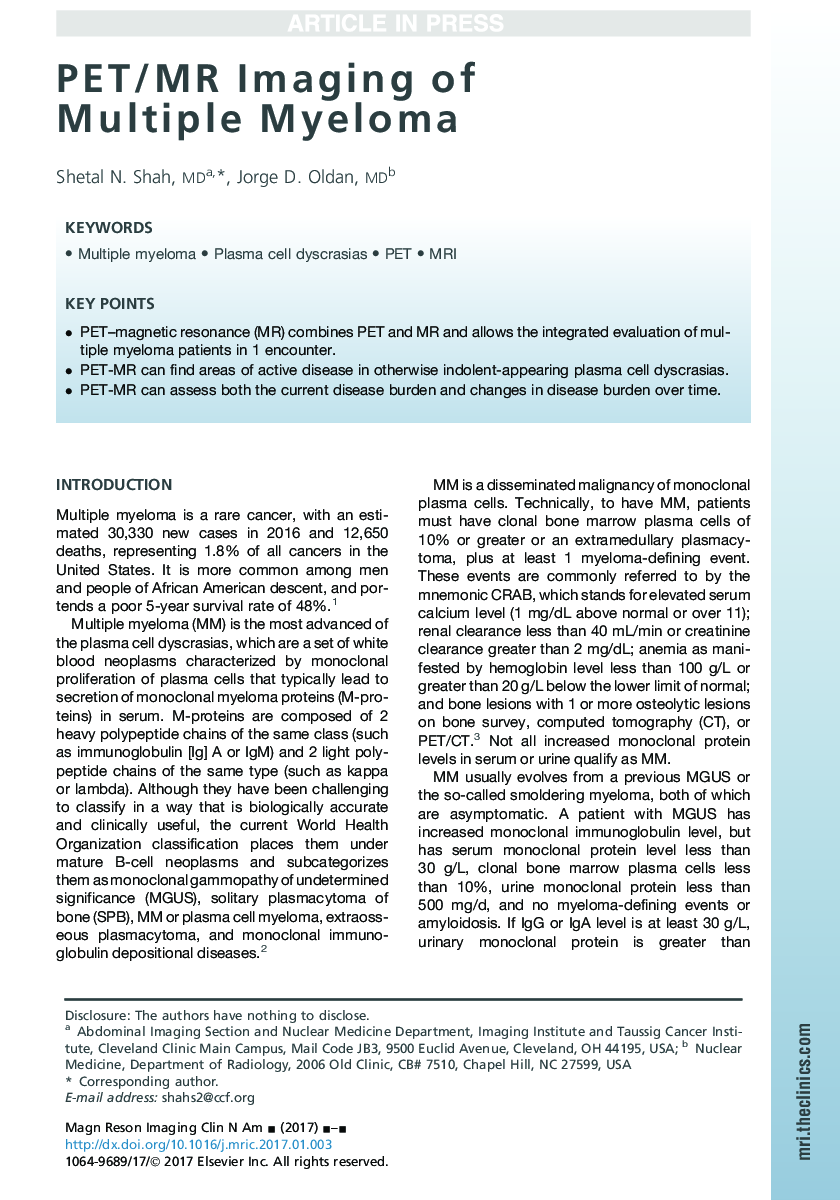 PET/MR Imaging of Multiple Myeloma