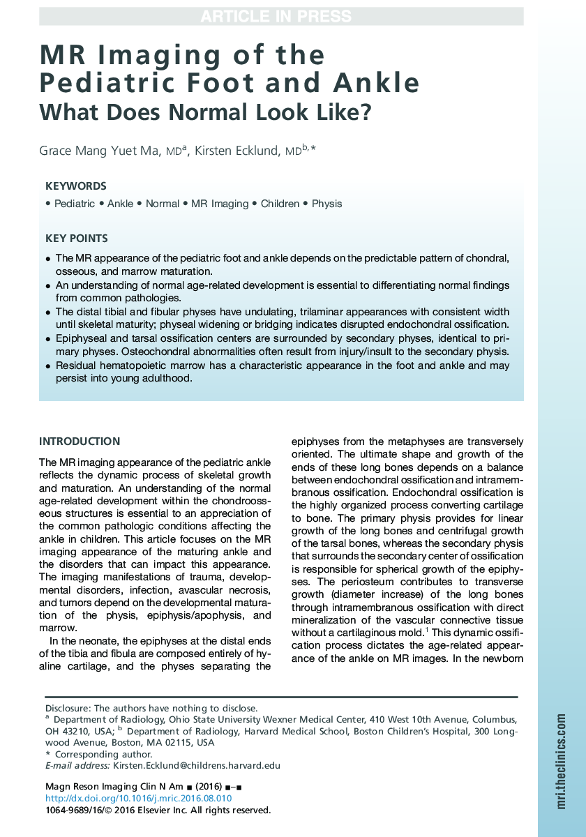 MR Imaging of the Pediatric Foot and Ankle