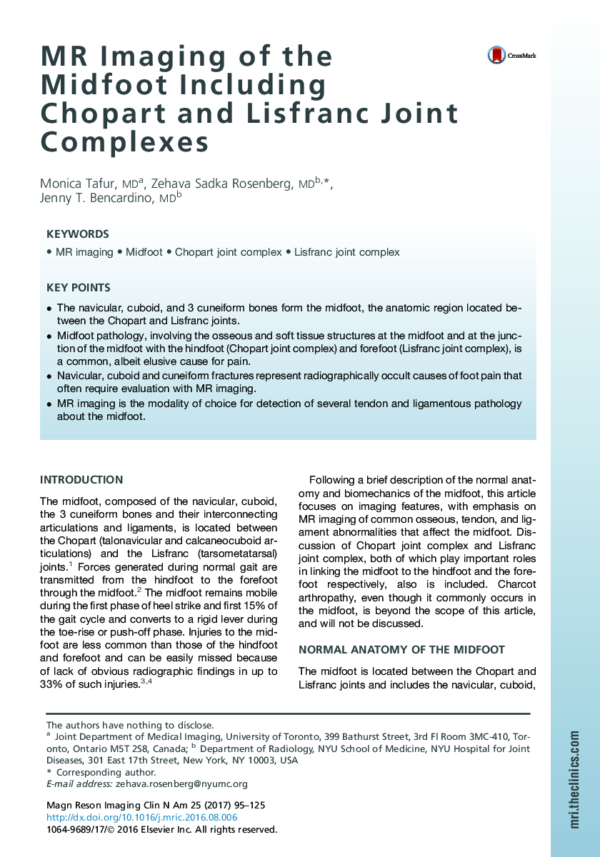 MR Imaging of the Midfoot Including Chopart and Lisfranc Joint Complexes