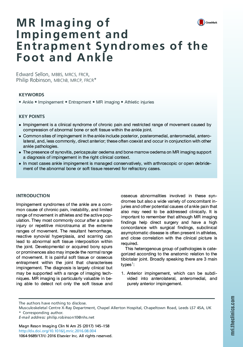 MR Imaging of Impingement and Entrapment Syndromes of the Foot and Ankle