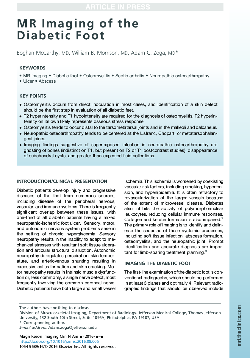 MR Imaging of the Diabetic Foot