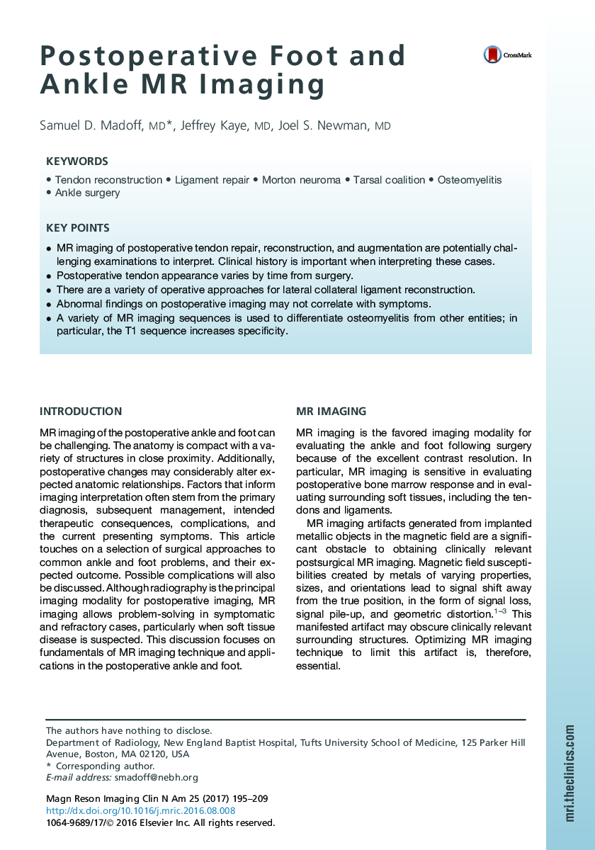 Postoperative Foot and Ankle MR Imaging