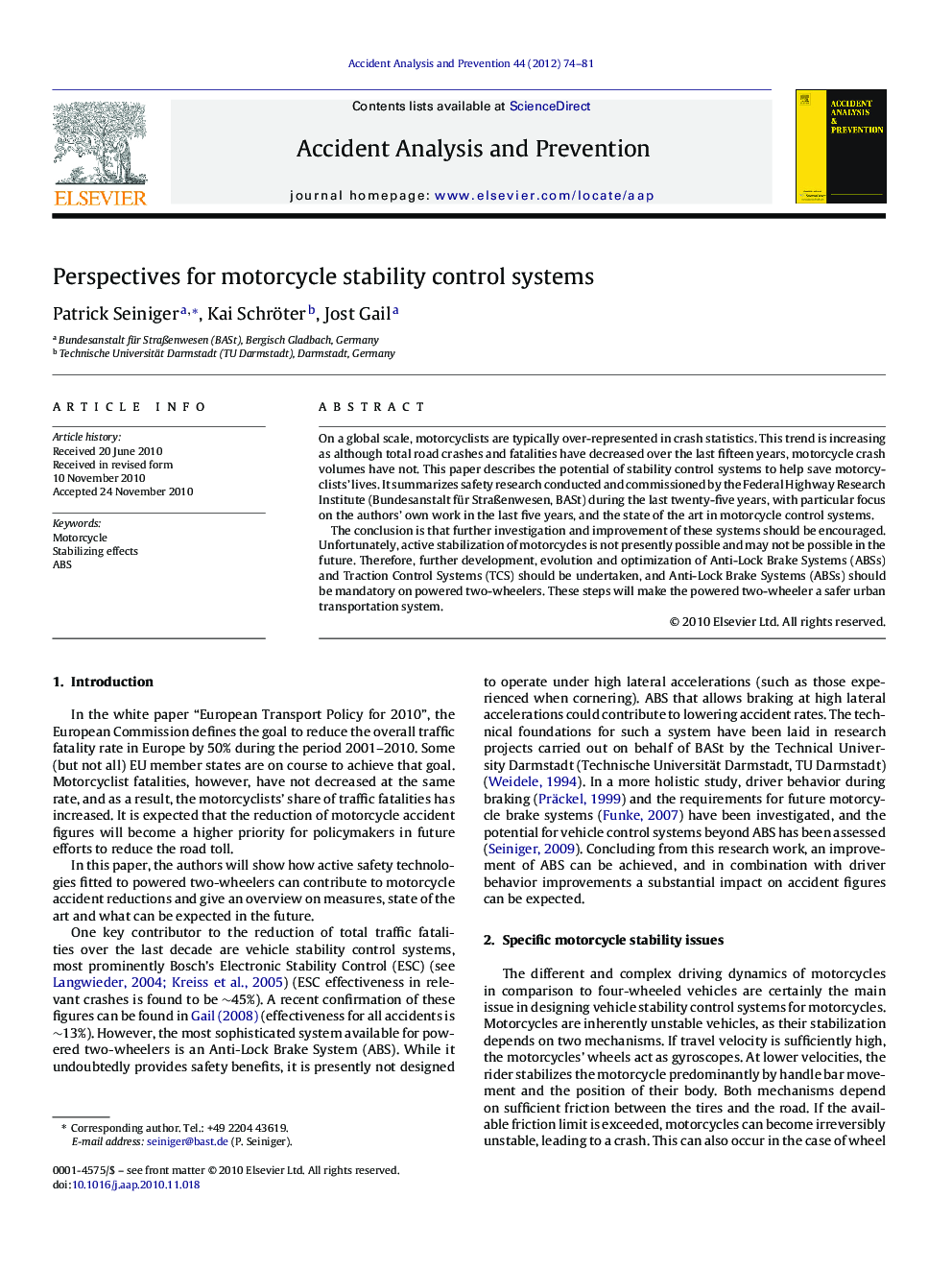 Perspectives for motorcycle stability control systems